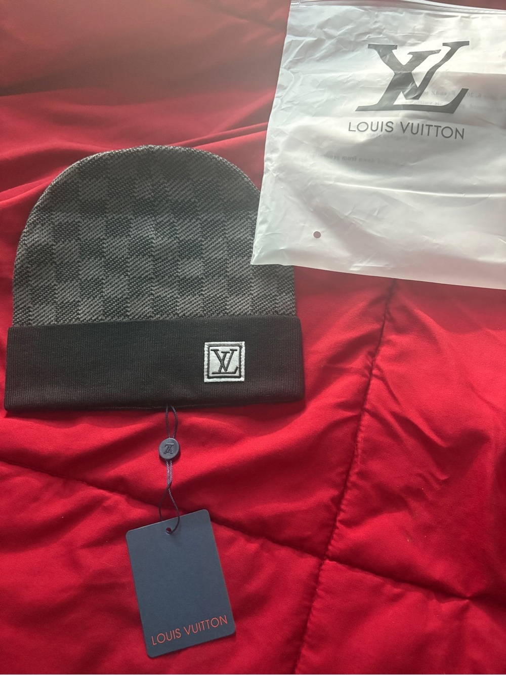 Louis Vuitton Black & Gray Damier Knit Cuffed Beanie